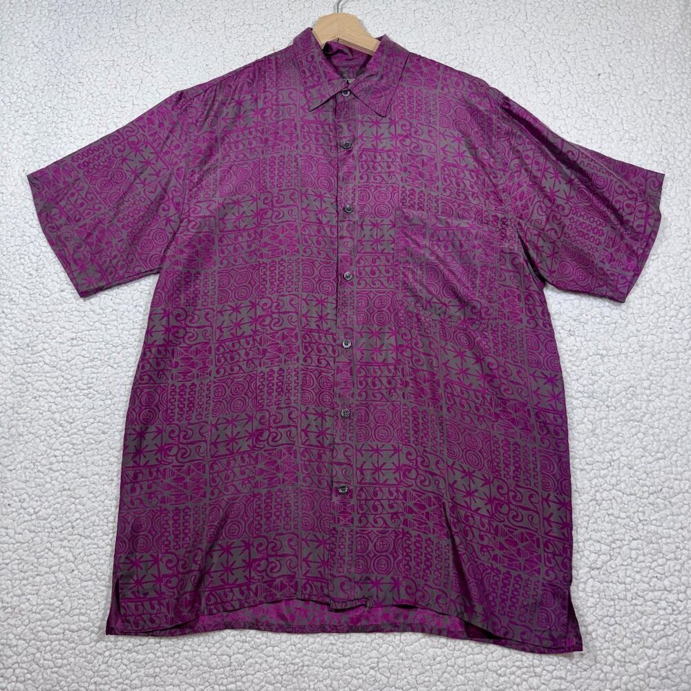 Vtg Robert Stock Mens Silk Button Down Shirt Size M Short Sleeve Pink Gray Retro